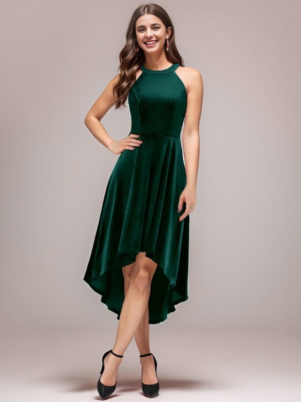 Velvet Halter Dress High Low A-Line Green Cocktail Party Size Medium